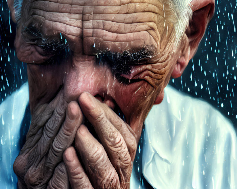 Elderly man with deep wrinkles and white hair in contemplation.