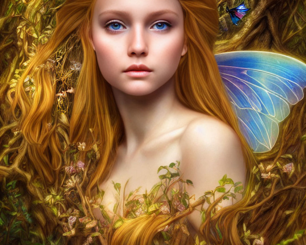 Portrait of a fairy with golden hair and butterfly wings in forest setting