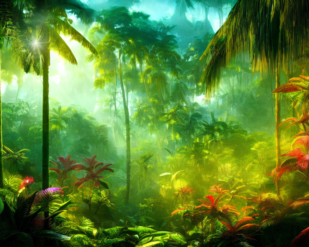 Vibrant tropical rainforest with lush green foliage under golden sunlight.