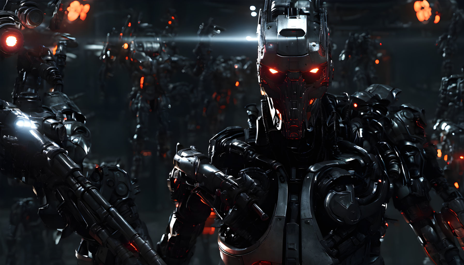 Detailed humanoid robot with red glowing eyes in dimly lit environment