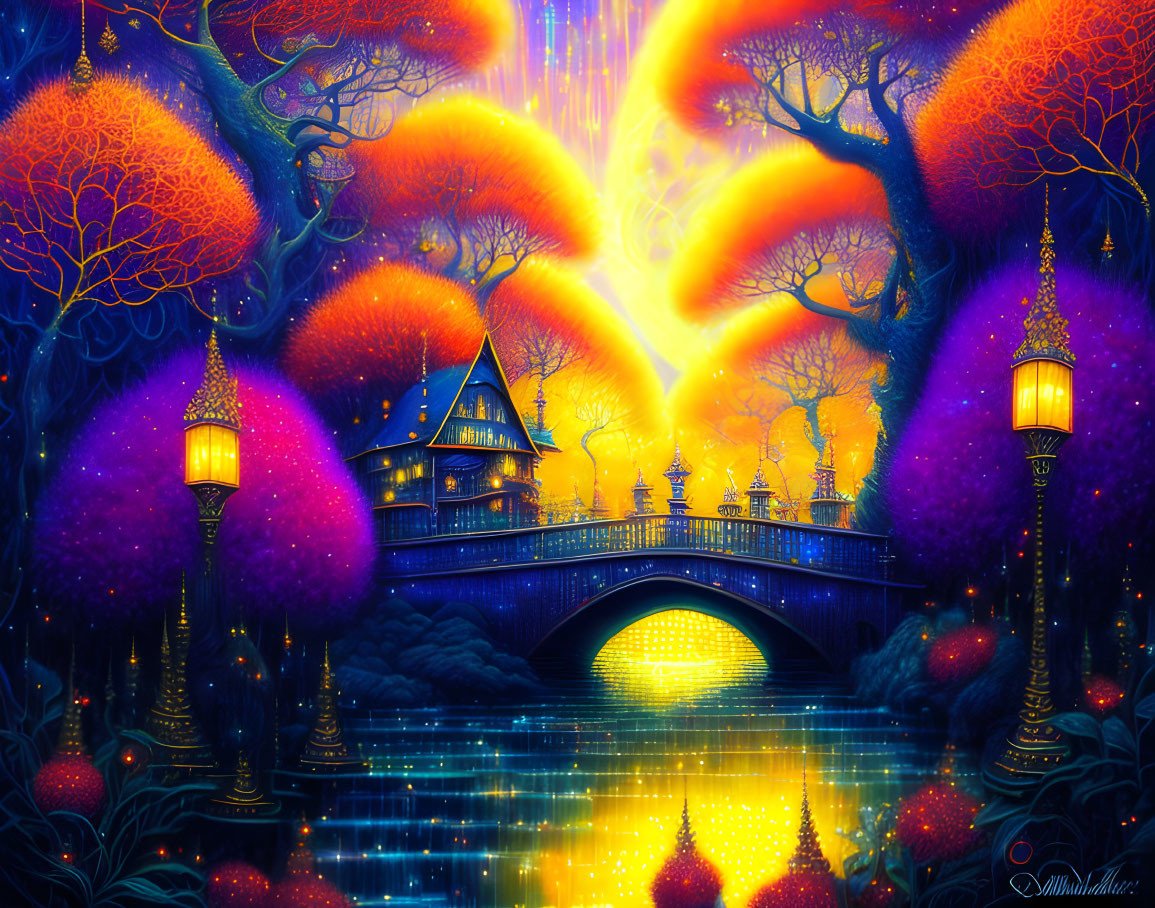 Fantasy landscape with magical house, glowing trees, and radiant starry sky