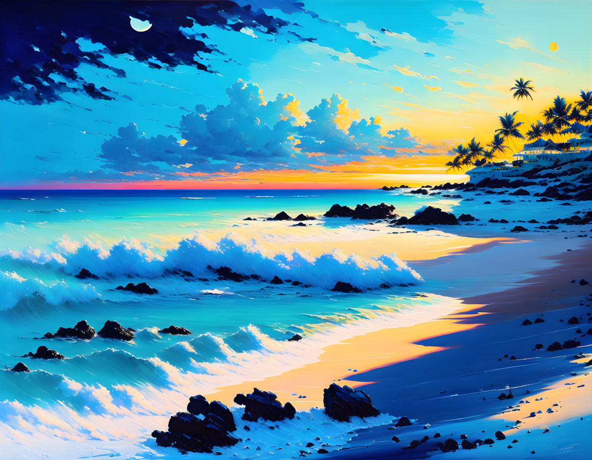 Colorful sunset beach scene with crashing waves, palm tree silhouettes, and moon in sky