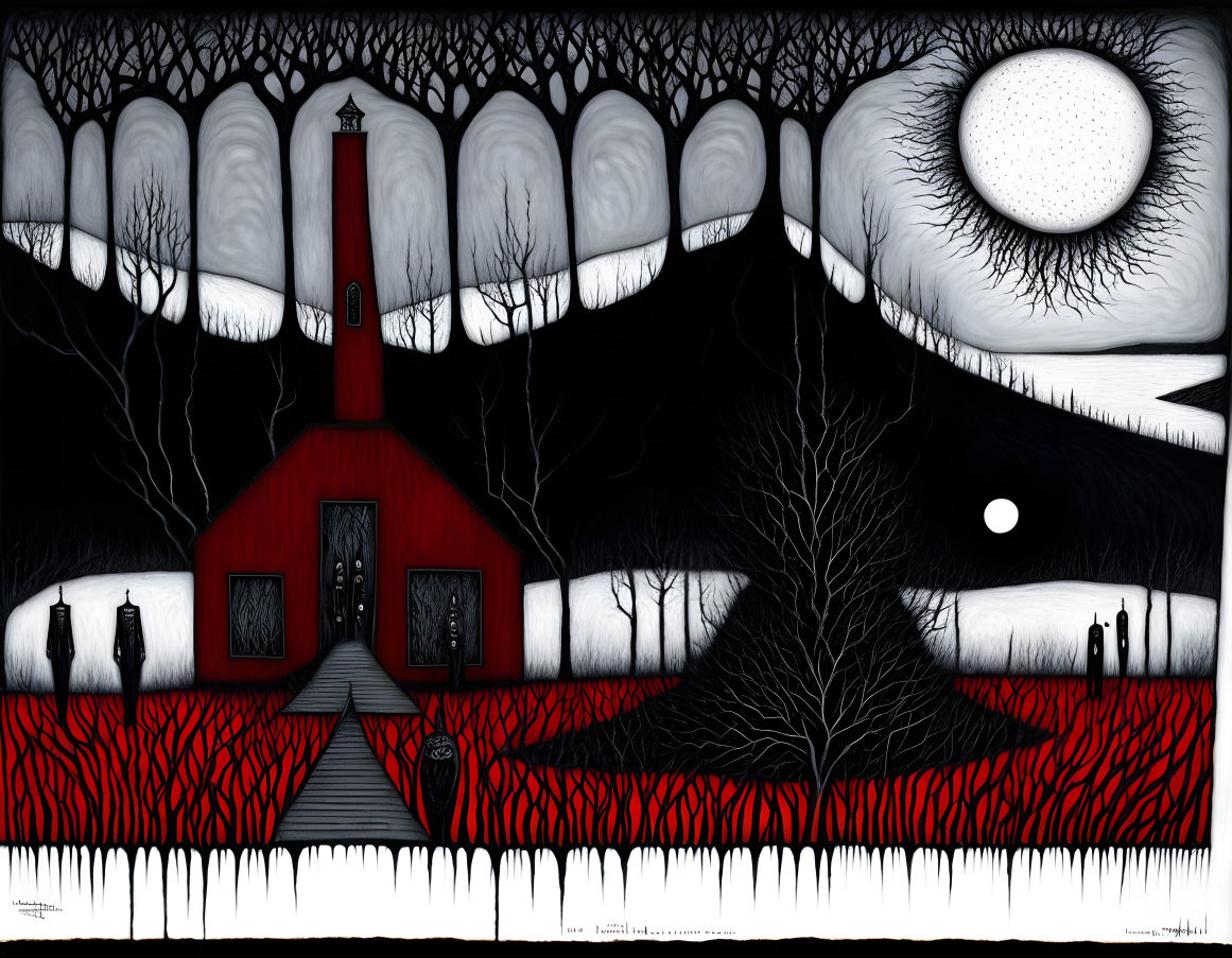 Surreal red and black house with lighthouse in monstrous mouth, surrounded by trees and eyes in