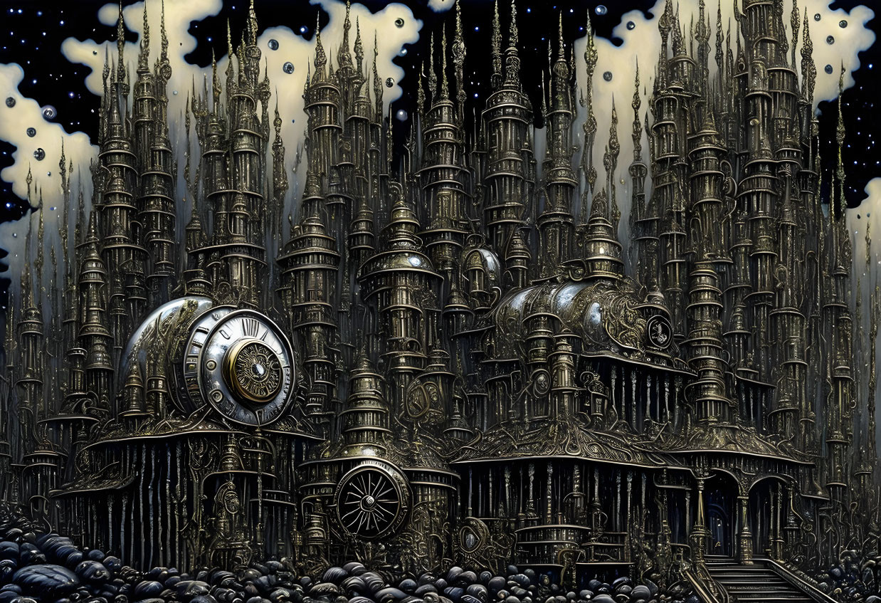 Gothic steampunk cityscape with spires, ornate buildings, and clock tower in