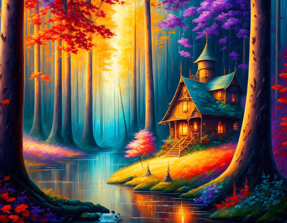 Colorful Fairytale Cottage Painting in Vibrant Forest Scene