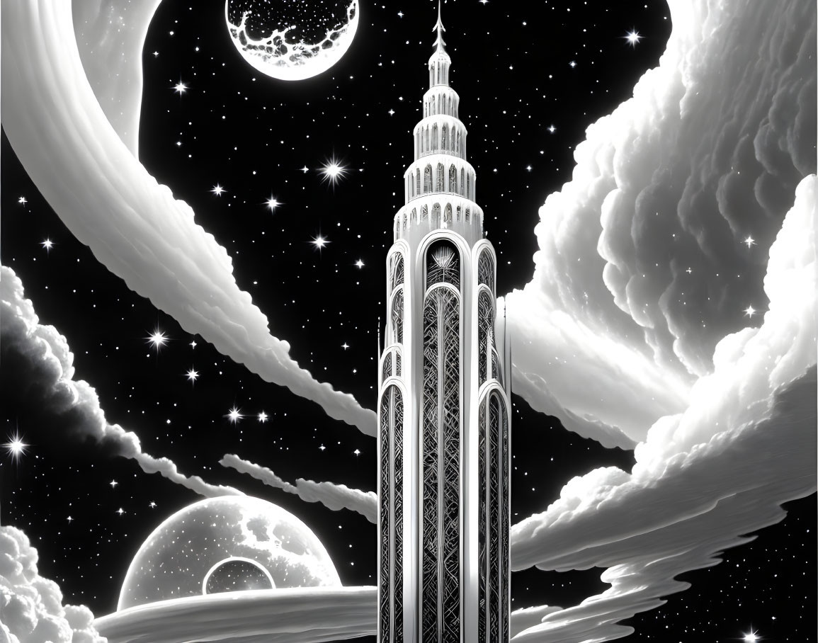 Monochrome skyscraper art with celestial sky and moons