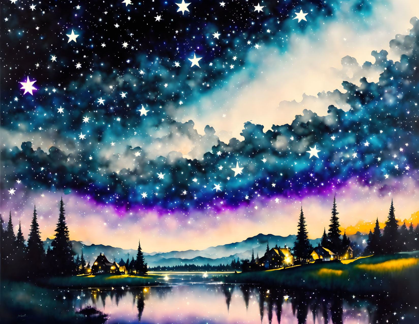 Starry Night Sky Over Serene Landscape at Dusk