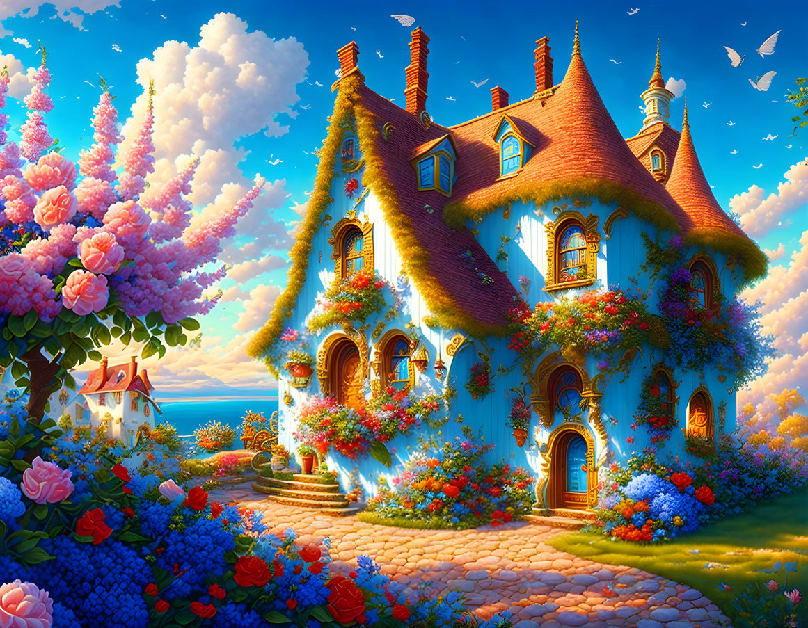 Colorful Cottage with Turrets in Lush Gardens