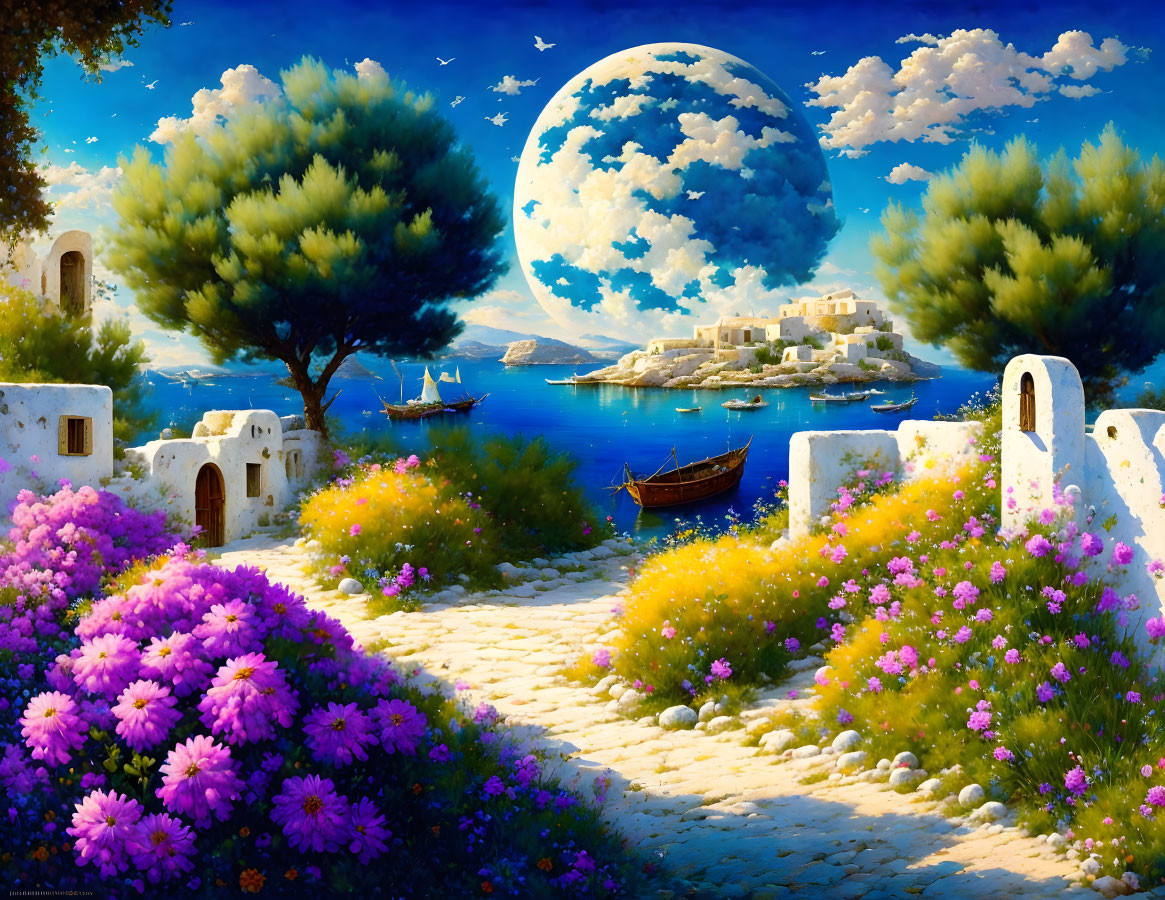 Coastal landscape with pink flowers, stone pathway, white buildings, trees, boat, and moon