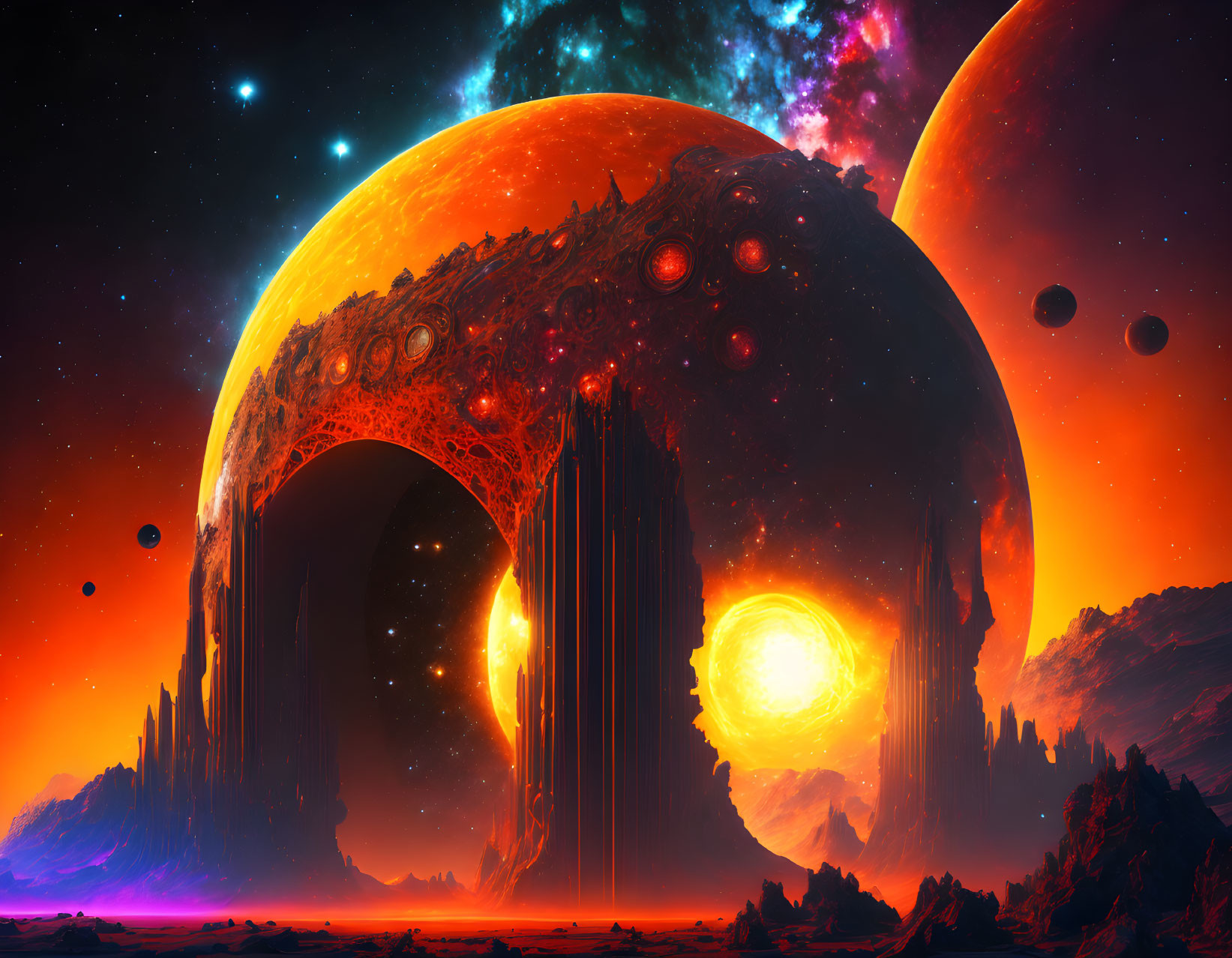 Sci-fi landscape with colossal planets and alien archway