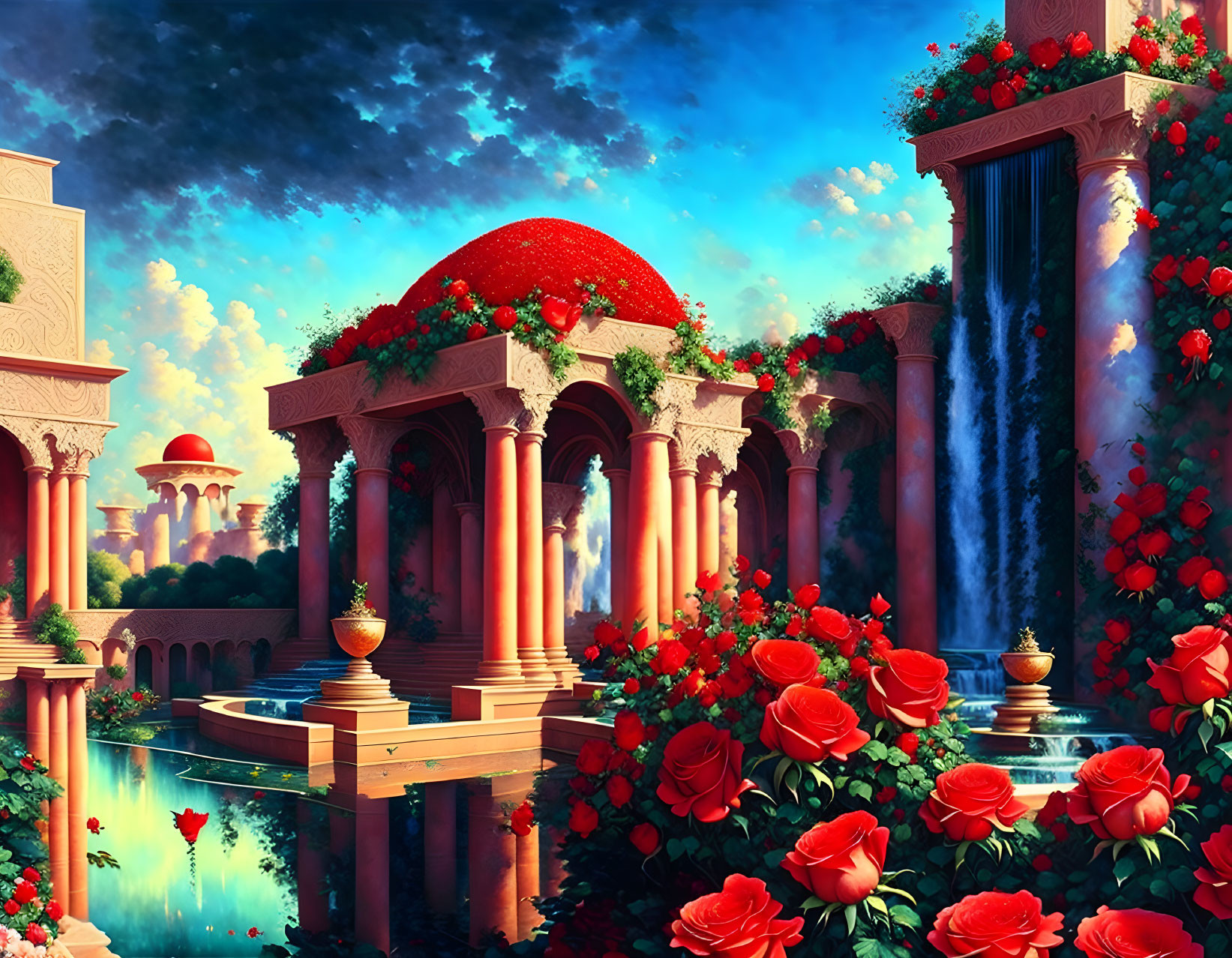 Fantasy garden with red roses, waterfalls, pond, classical arches, and red dome under