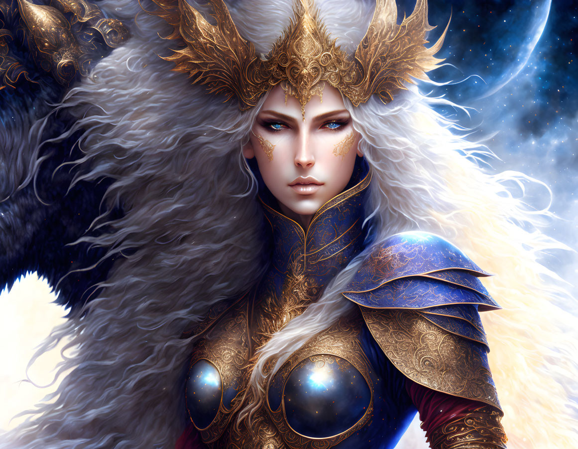 Woman in Golden Armor with Blue Eyes on Cosmic Background