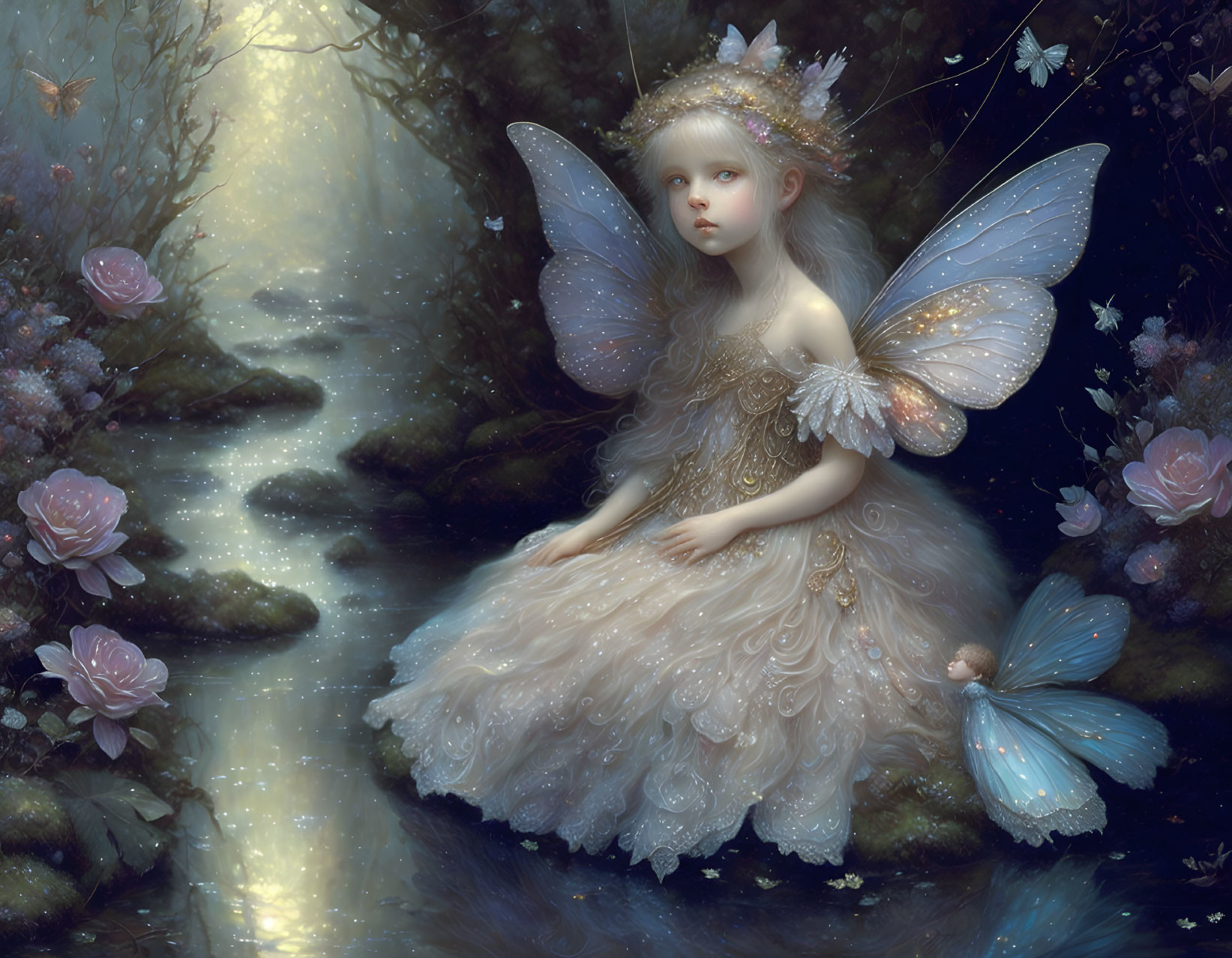 Fantasy illustration of delicate fairy with translucent wings by serene stream