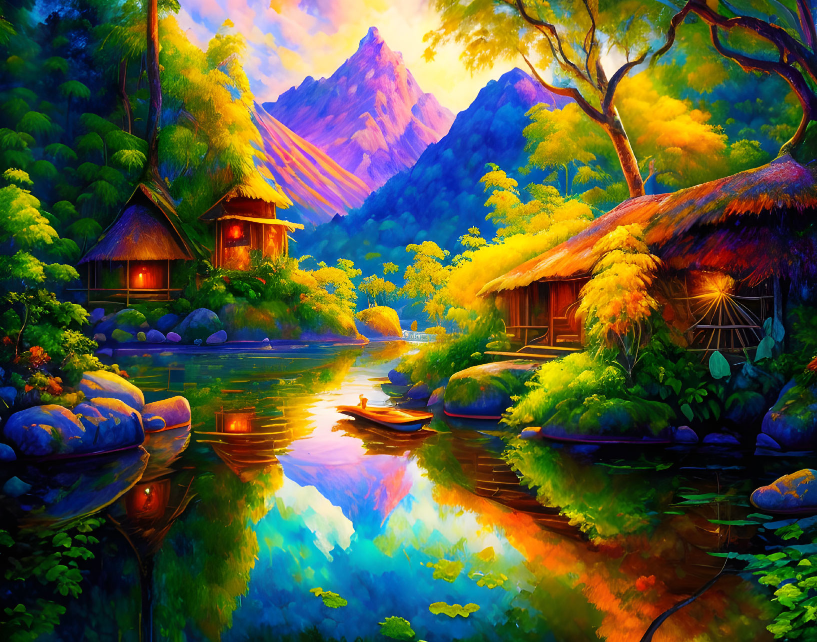 Colorful illustration of tranquil riverside scene with huts, boat, and mountain in warm sunlight