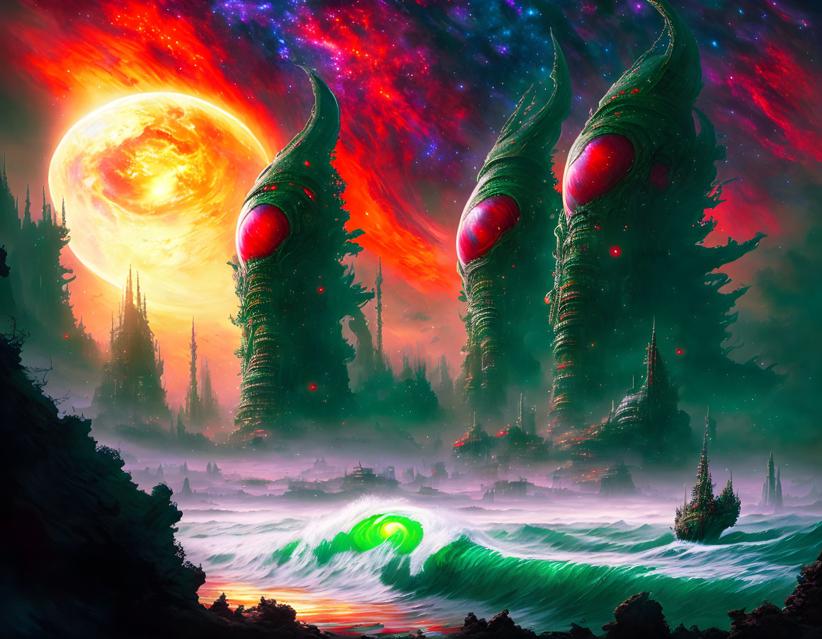 Vibrant sci-fi landscape with alien structures, red orbs, rough seas, large sun, and