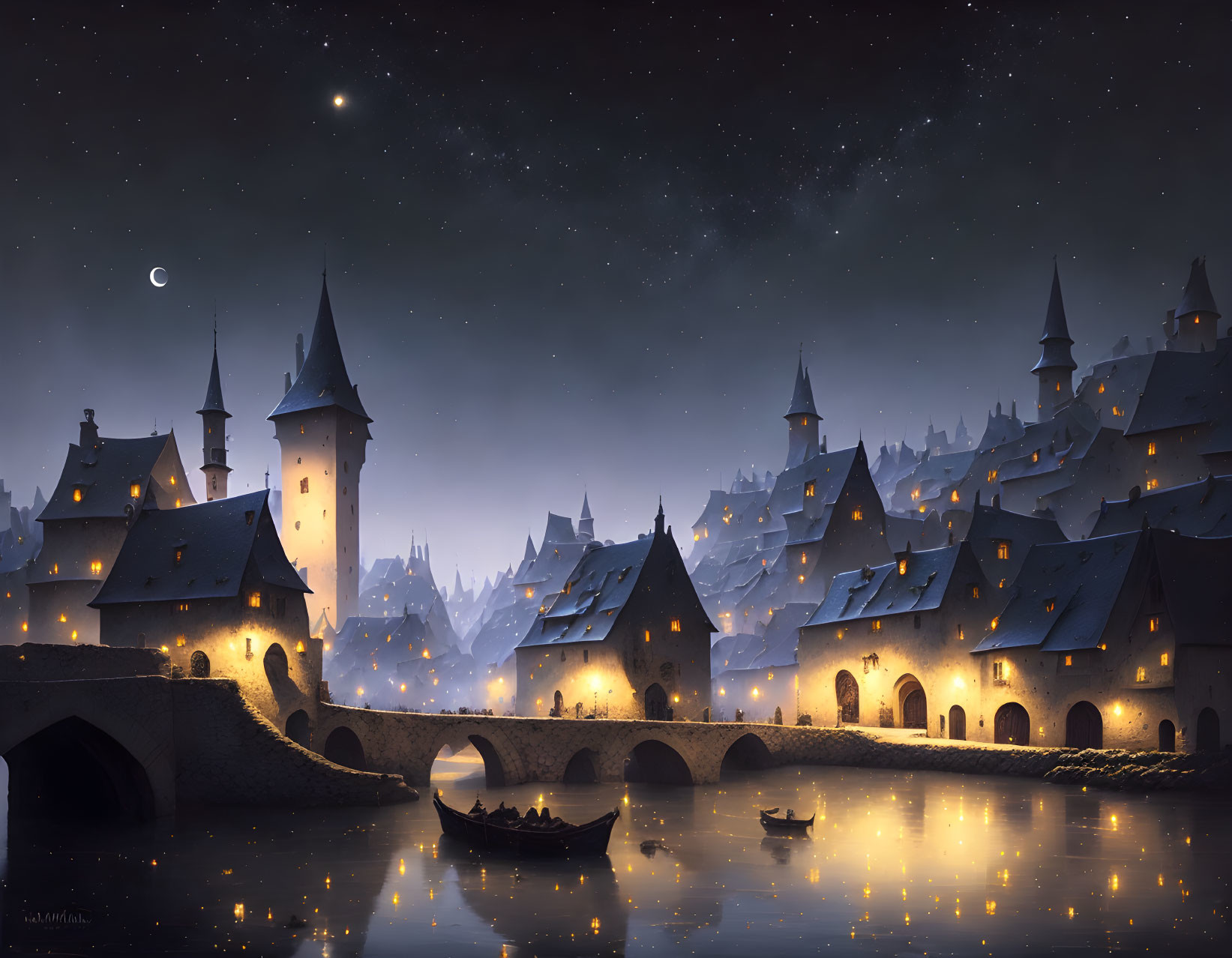 Medieval village at night: illuminated buildings, starry sky, calm river