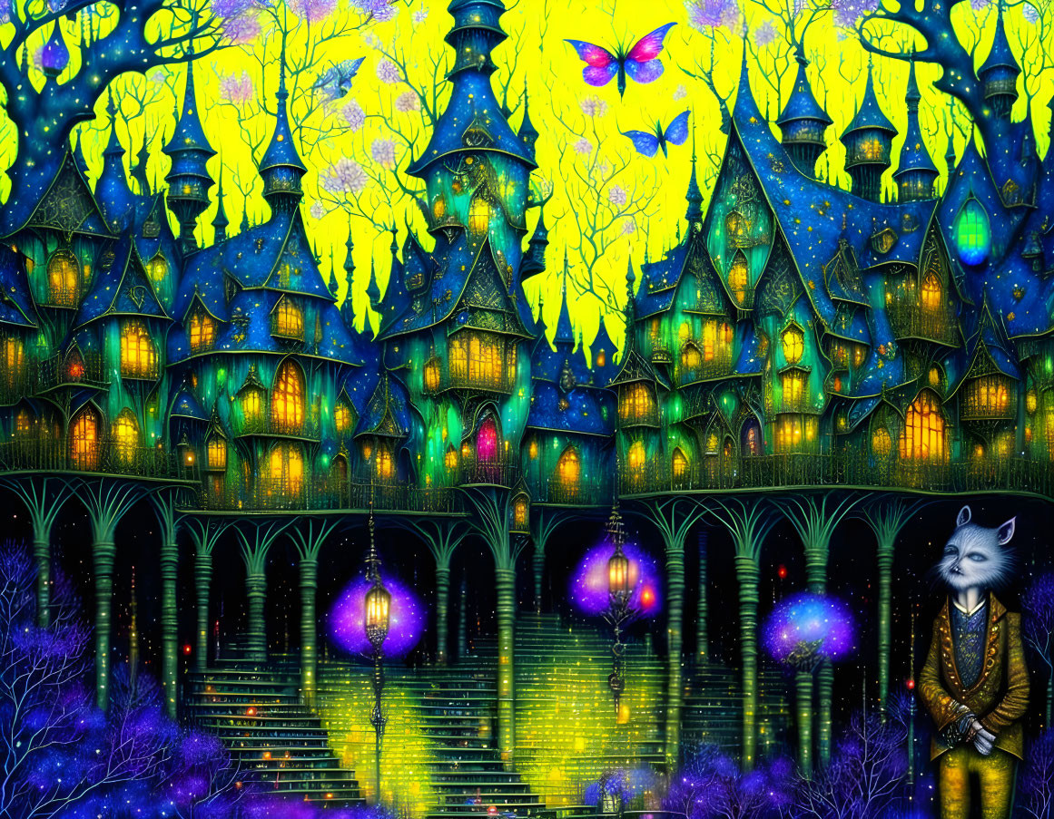 Whimsical glowing forest with dark house, colorful foliage, butterfly, and cat