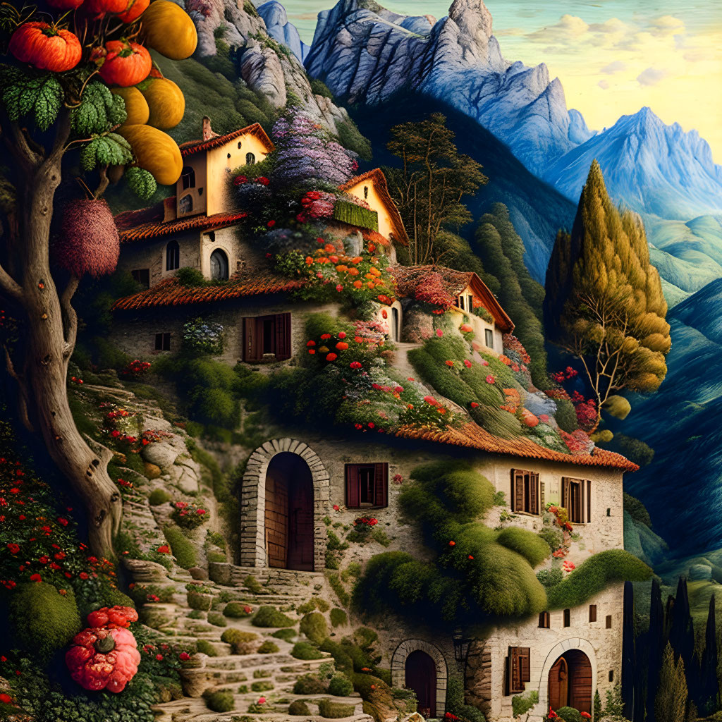 Whimsical artwork of stone village in nature landscape