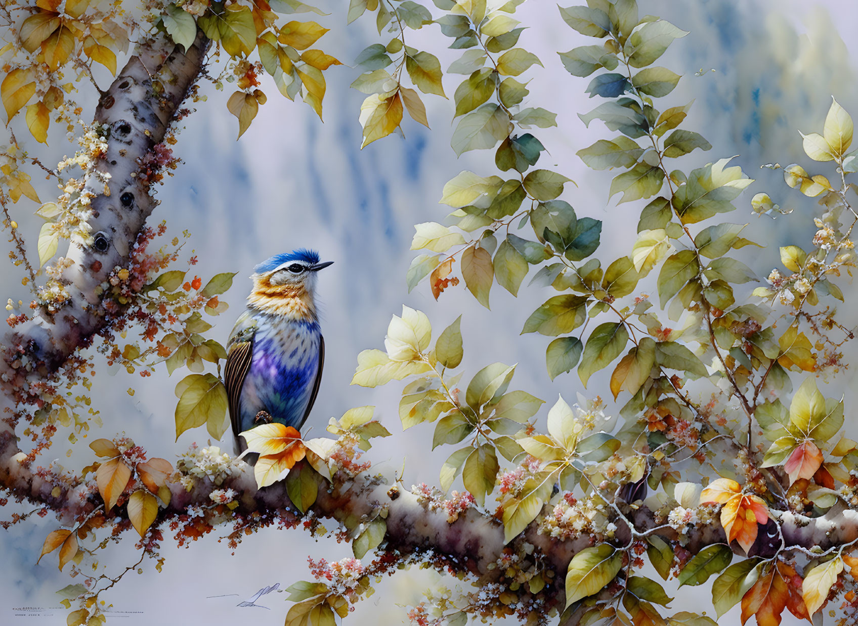 Colorful Bird Perched on Branch Among Flowers and Autumn Leaves