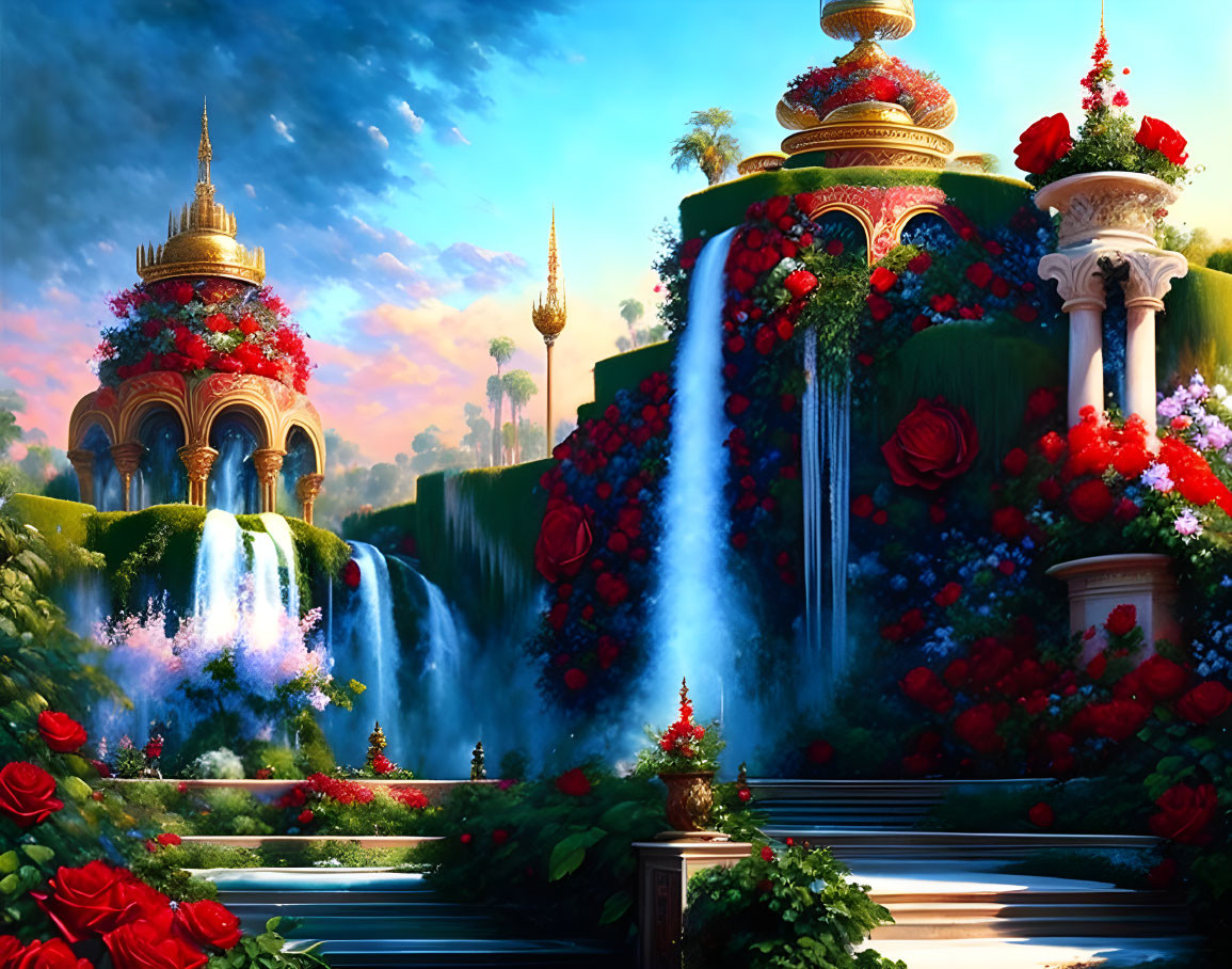 Fantasy landscape with waterfalls, greenery, roses, and golden towers