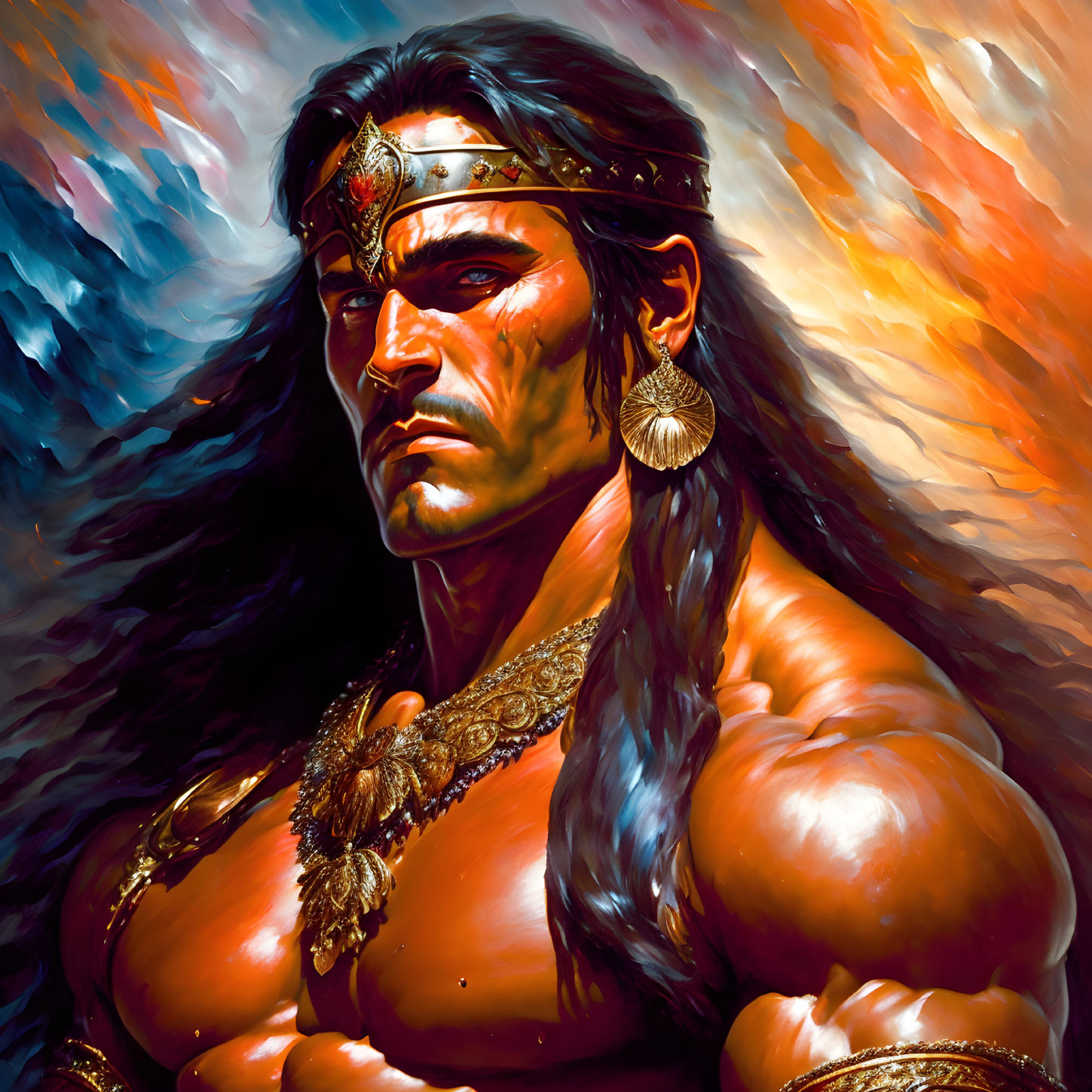 Muscular man with crown and golden jewelry in fiery background