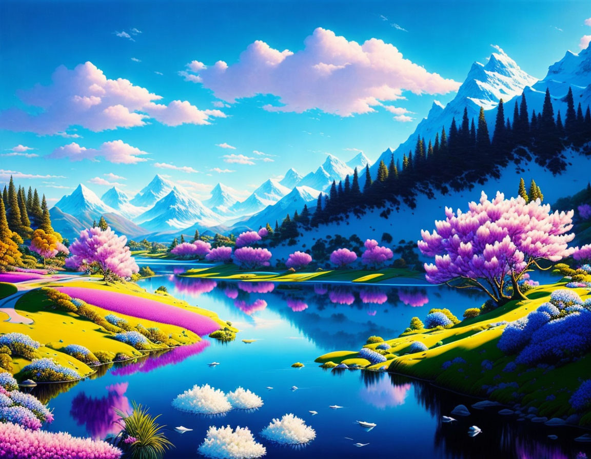 Scenic landscape: pink cherry blossoms, colorful flowers, serene lake, snow-capped mountains,