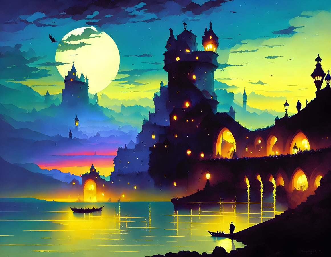 Fantastical landscape with illuminated castles, bridge, boats, lake, moonlit sky, birds