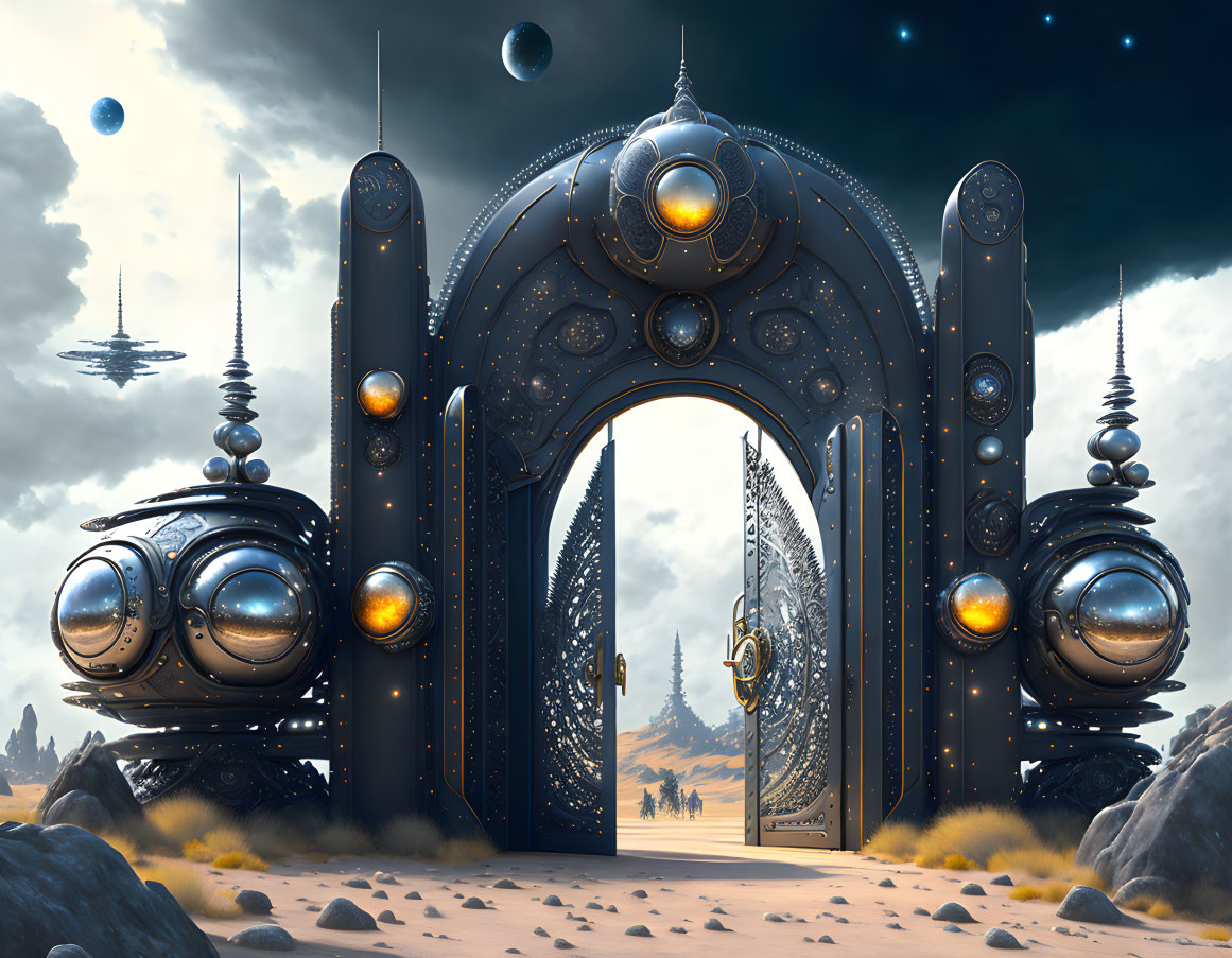 Futuristic gate with intricate designs under starry sky, desert landscape & floating ships