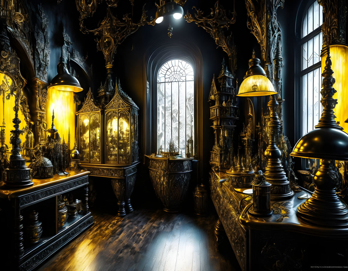 Luxurious Gothic-style room with black and gold decor, ornate furniture, arched windows, and