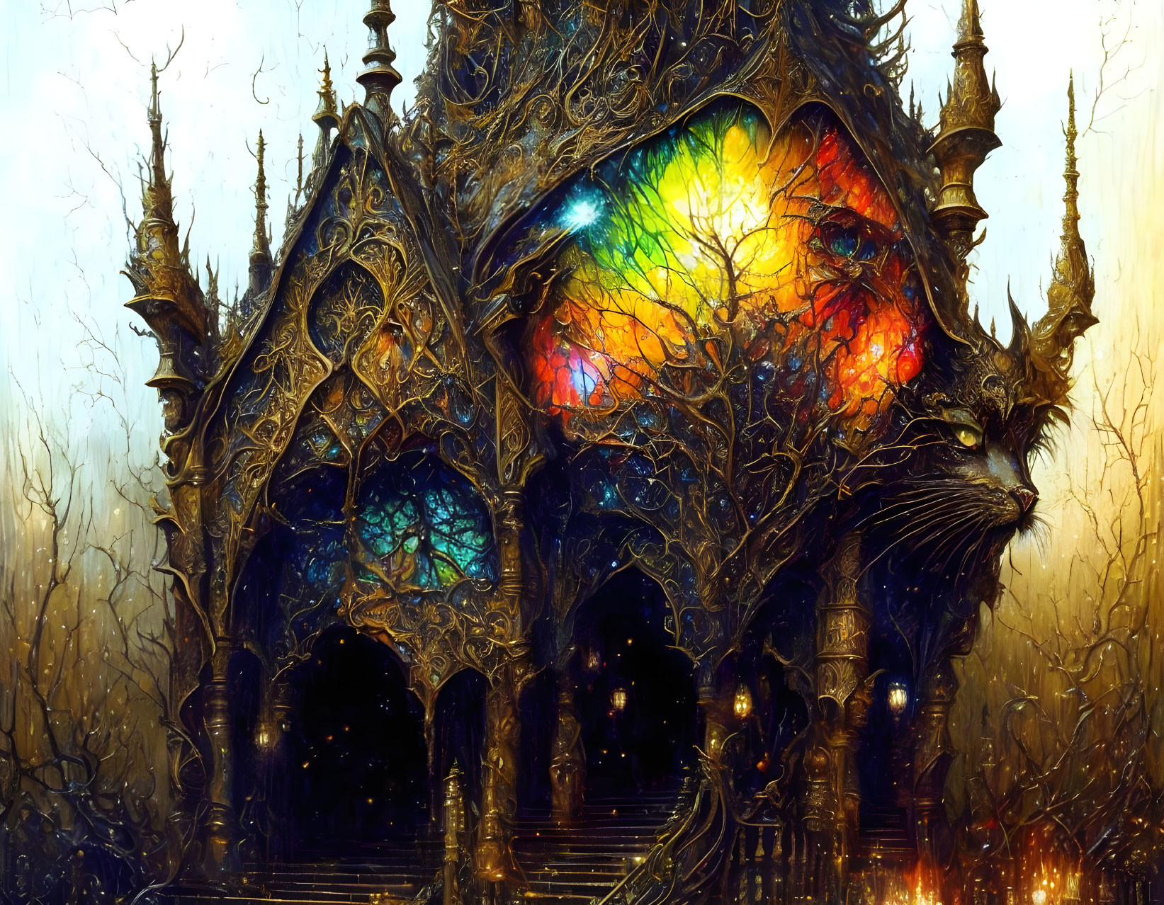 Gothic Cathedral with Vibrant Stained Glass Windows in Eerie Setting