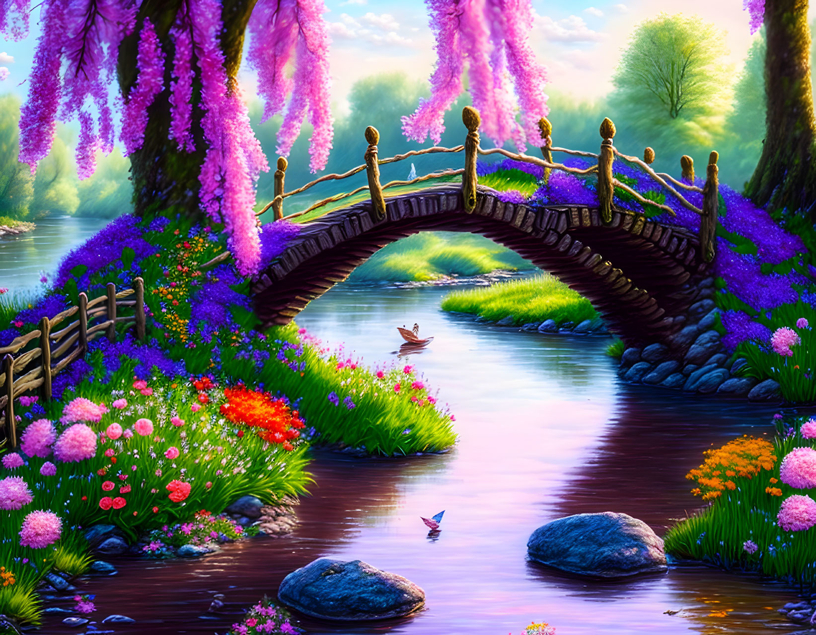 Colorful Landscape with Wooden Bridge, River, Boat, and Flowers