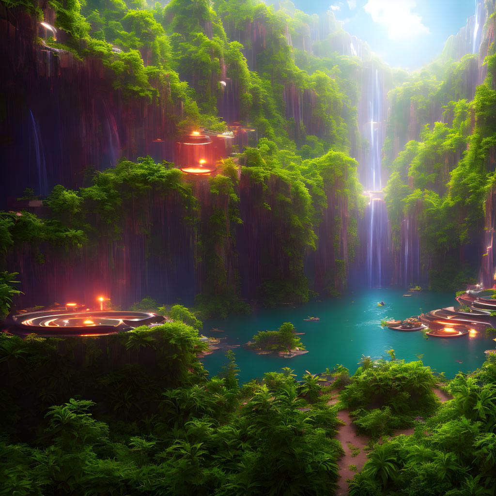 Enchanting forest with waterfalls, blue waters, and ancient ruins