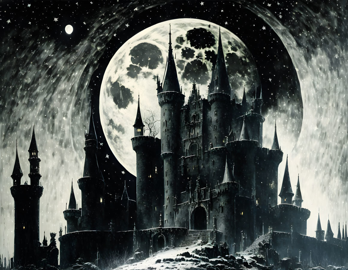 Gothic castle under full moon in snowy night