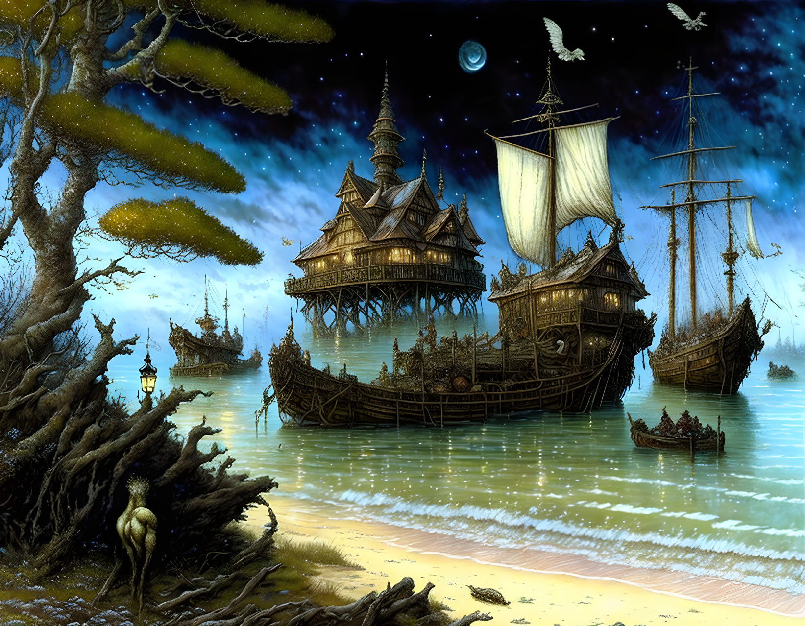 Moonlit nighttime fantasy seascape with ships, water-bound castle, sailing vessels, and starry sky