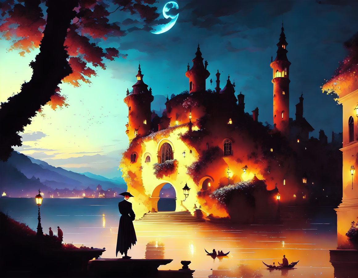 Silhouetted figure by lakeside gazing at illuminated castle under crescent moon