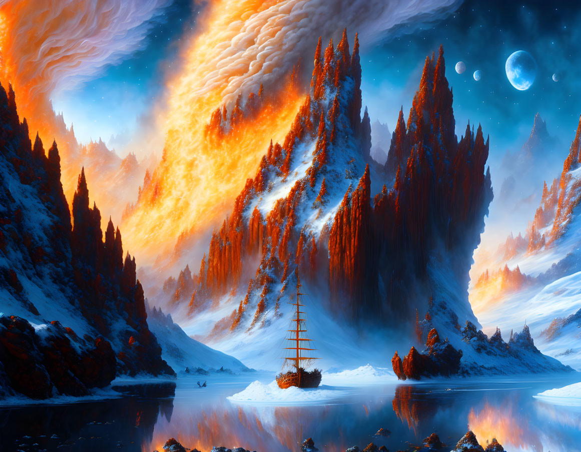 Surreal landscape with fiery sky, snow mountains, sailing ship, celestial bodies