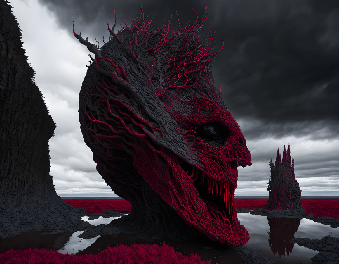 Surreal landscape with red skull-like structure and stormy sky