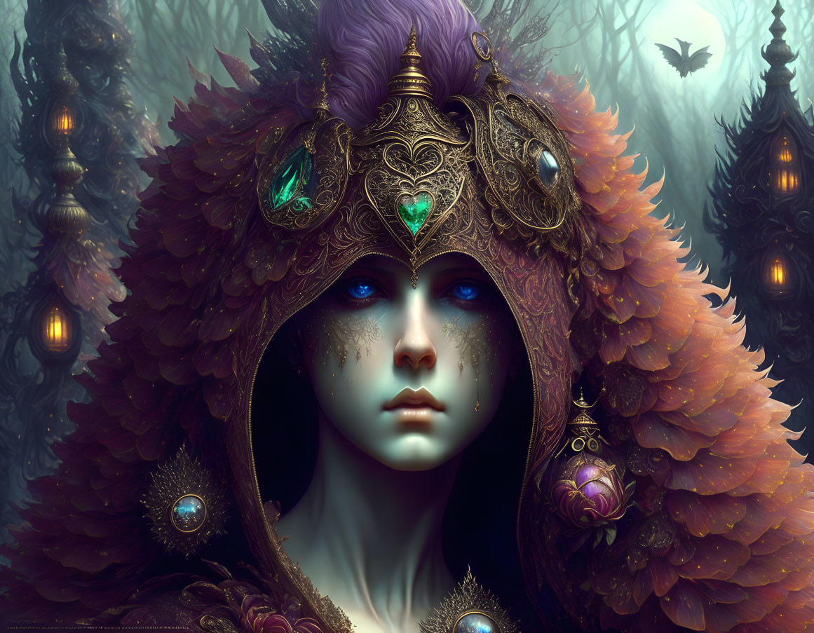 Digital artwork of person with blue eyes in ornate golden headgear, surrounded by misty forest.