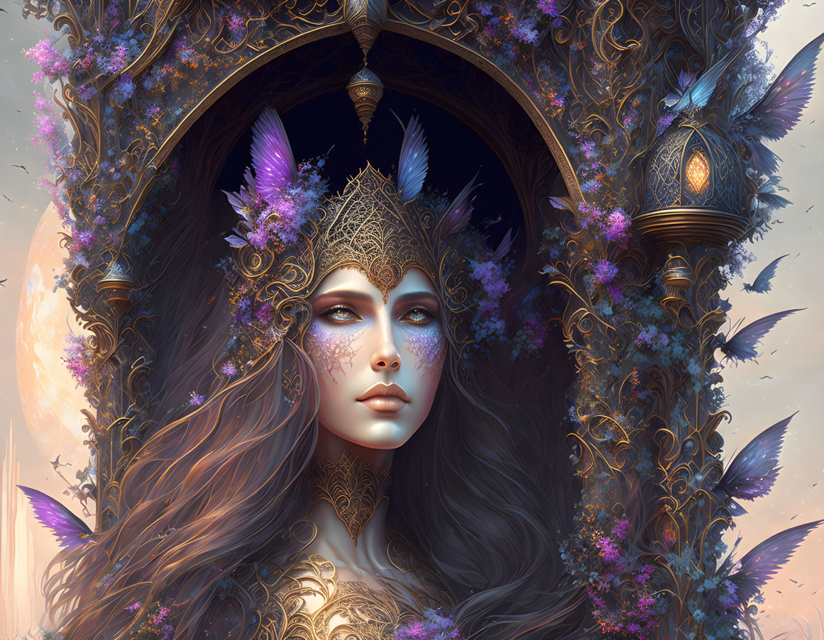 Ethereal woman with gold headdress, surrounded by flowers and butterflies