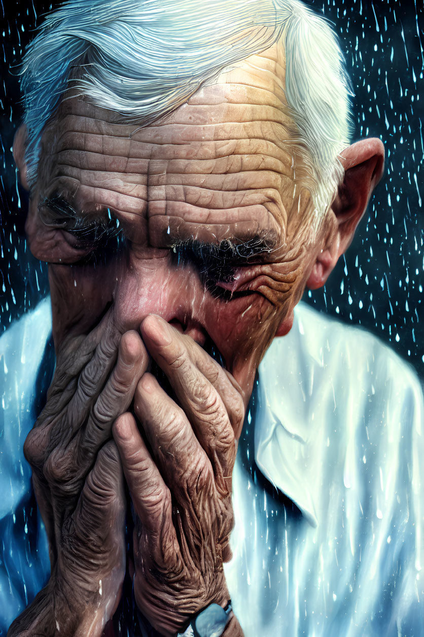 Elderly man with deep wrinkles and white hair in contemplation.