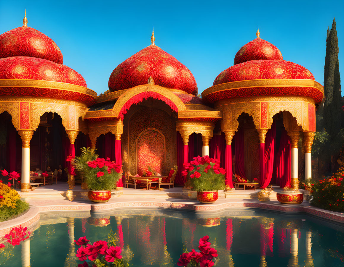 Ornate Palace with Red Domes Overlooking Tranquil Pool and Blooming Flowers