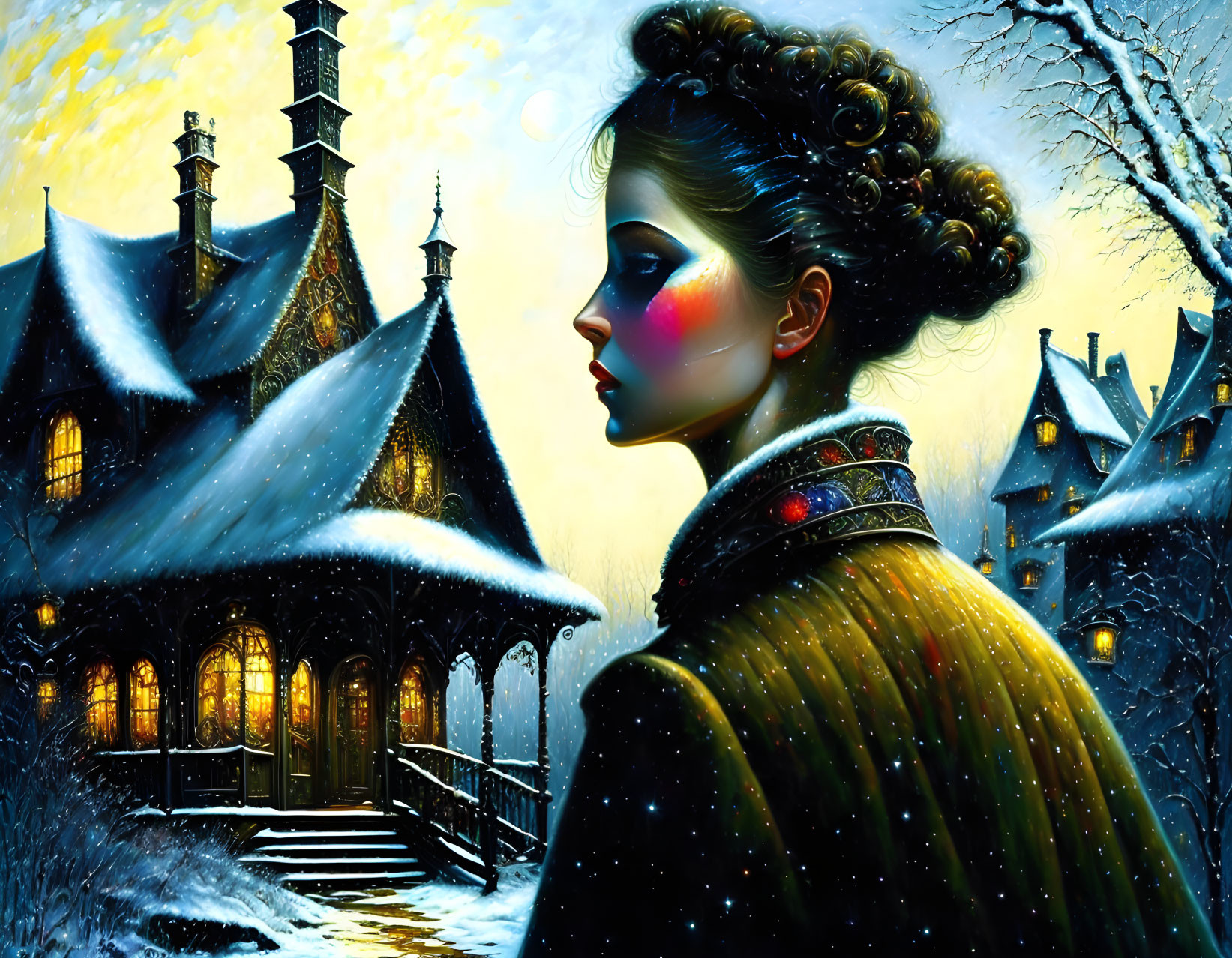 Woman in winter cloak outside Victorian house in snowy night