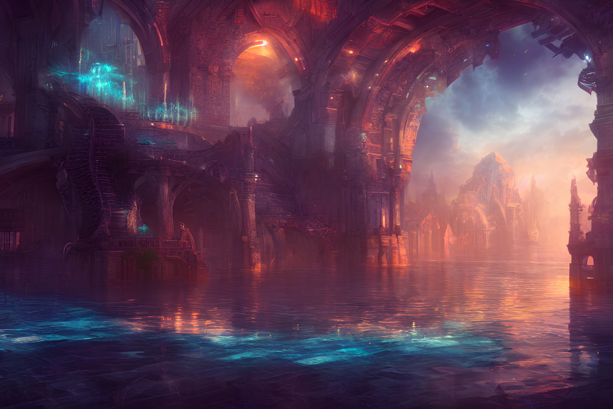 Mystical fantasy landscape with grand arches and glowing atmosphere