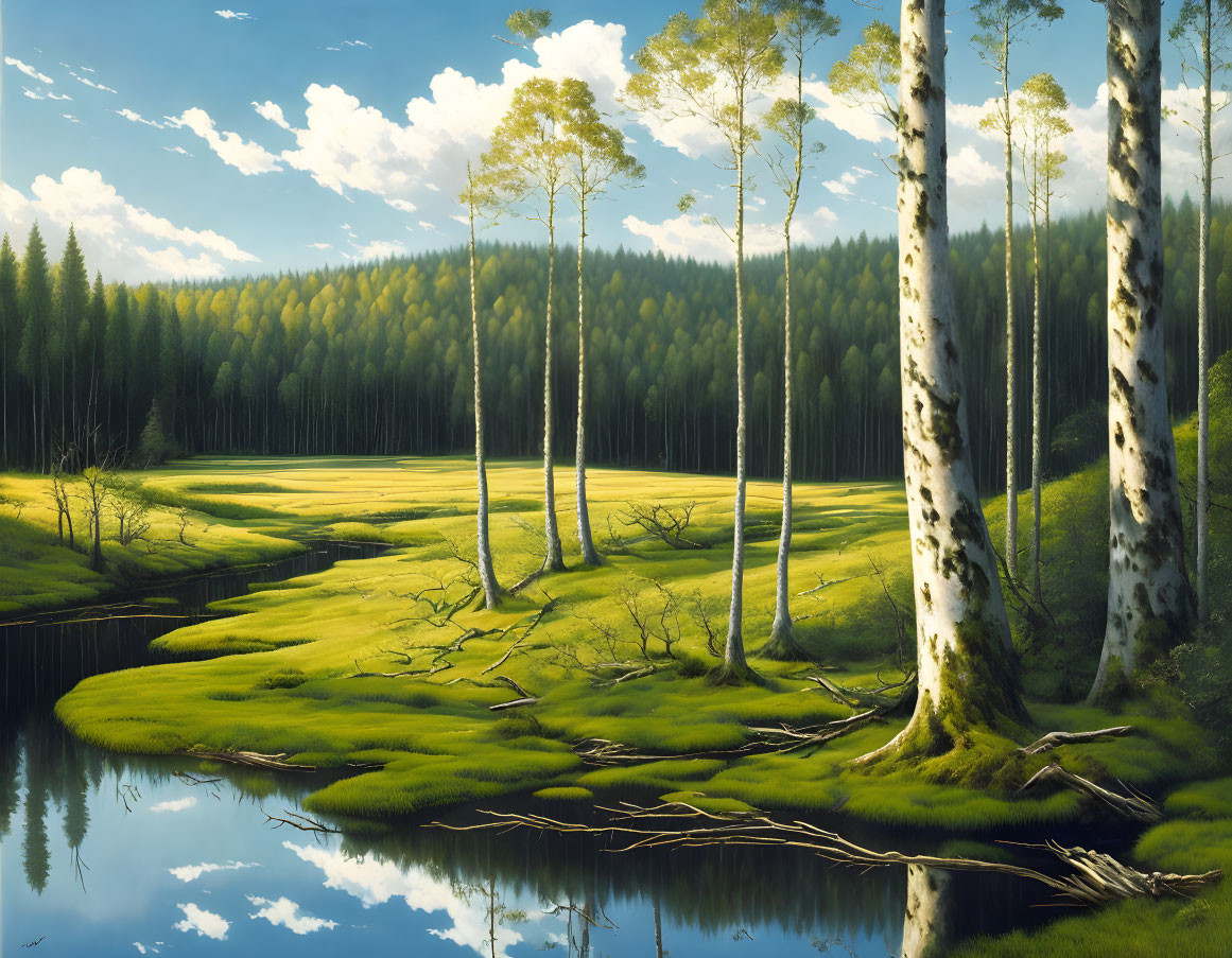 Tranquil forest with birch trees, moss, river, sunny sky