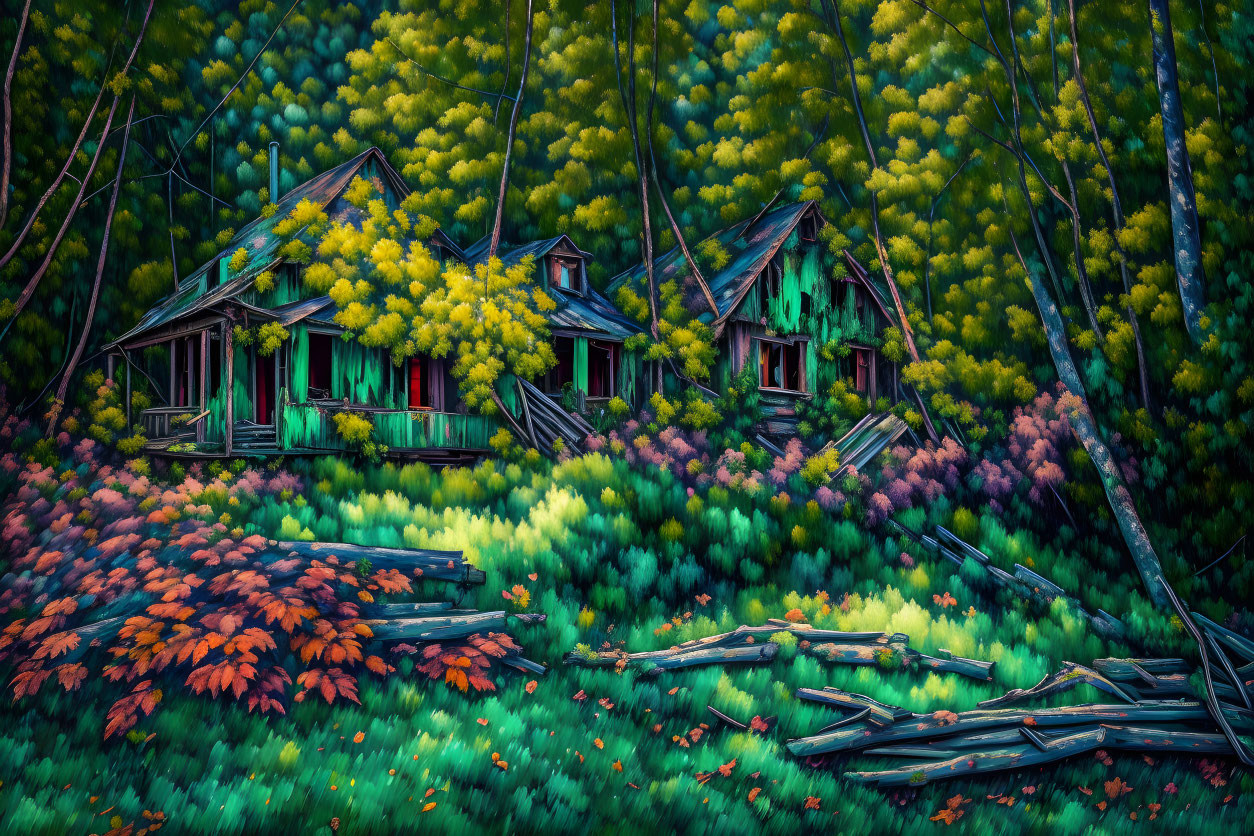 Abandoned wooden houses in vibrant forest with fallen log