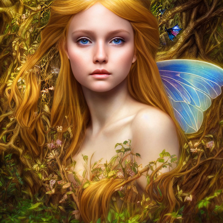 Portrait of a fairy with golden hair and butterfly wings in forest setting