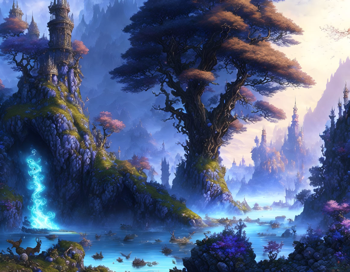 Fantasy landscape with glowing blue portal, ancient tower, mystical trees, tranquil river.