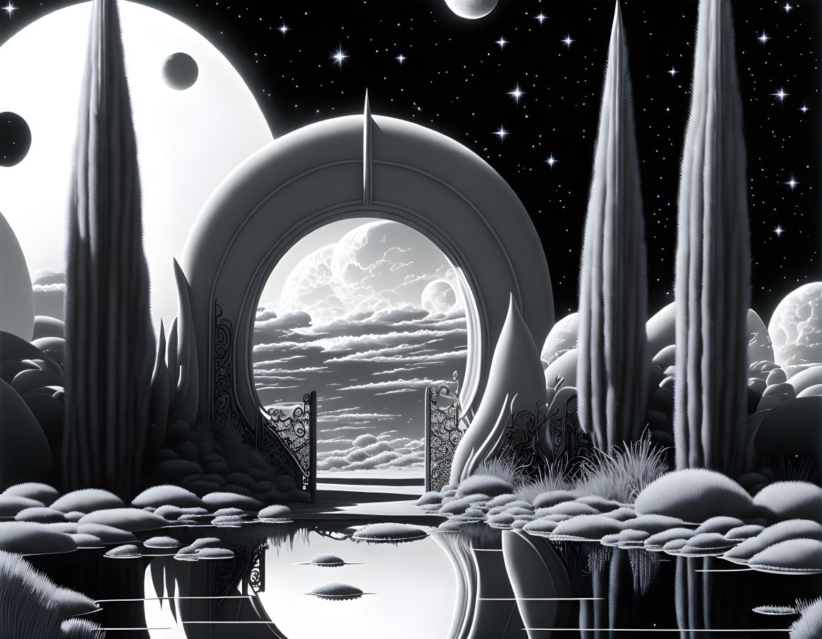 Monochrome fantasy landscape with ornate gate, pillars, water, and celestial bodies