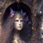 Ethereal woman with gold headdress, surrounded by flowers and butterflies