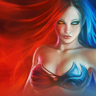 Fantasy digital artwork: Woman with blue eyes and fiery red hair holding mystical blue energy